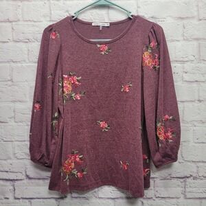 Figueroa & Flower Red Floral Embroidered Sweater Sz PM Puff Sleeve Stretchy Knit